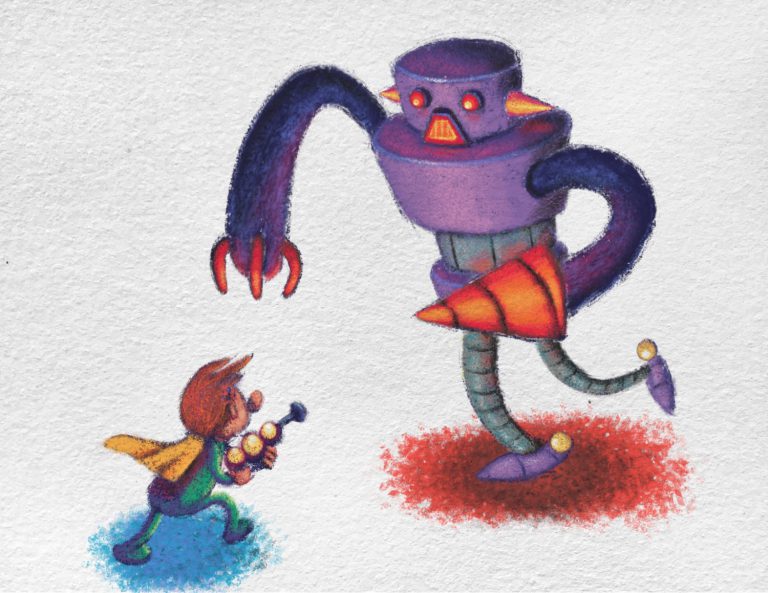 Niño con pistola de rayos contra un robot